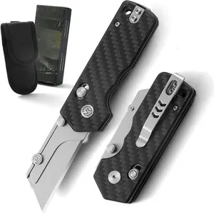 Utility,Pocket,Quick Change Razor with Rail Lock, Folding Box Cutter with Pocket Clip and Nylon Sheath for Everyday Carry (Carbon Faced)