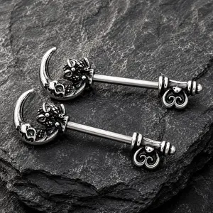 Gothic Owl Moon Skeleton Key Nipple Bar 14G Pair