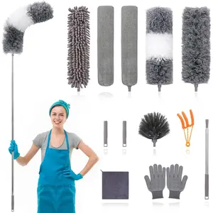 12pcs Microfiber Dusters with 30-100'' Stainless Steel Extension Pole, Washable Bendable Extendable Long Feather Duster for Cleaning Fan, High Ceiling, Blinds, Furniture, Cars