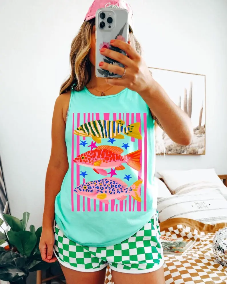 Fish Tank Top Summer Beach Tanks Comfort Colors Maximalist Clothing Dopamine Preppy Aesthetic Colorful Girl Funny Fish Shirt Lake Life Top
