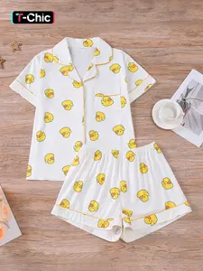 Women's Casual Duck Print Pajama Set, Pjs, Loungewear, Short Sleeve Lapel Top & Elastic Shorts, All-Season Comfortable Sleepwear