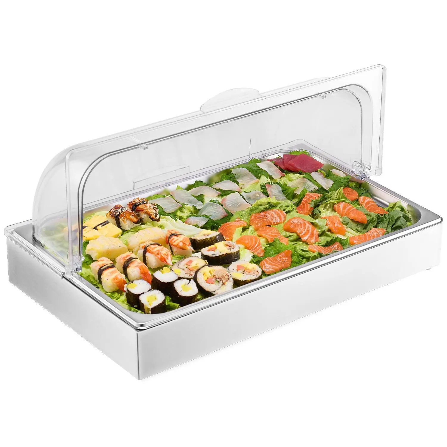 【Summerfinds】VEVOR Countertop Food Serving Display Container,  , 1 x 1 Pan Stainless Steel Food Serving Tray, Buffet Condiment Dispenser Display Rack with Clear Lid & 3 Ice Trays, for Restaurant Hotel Kitchen Party