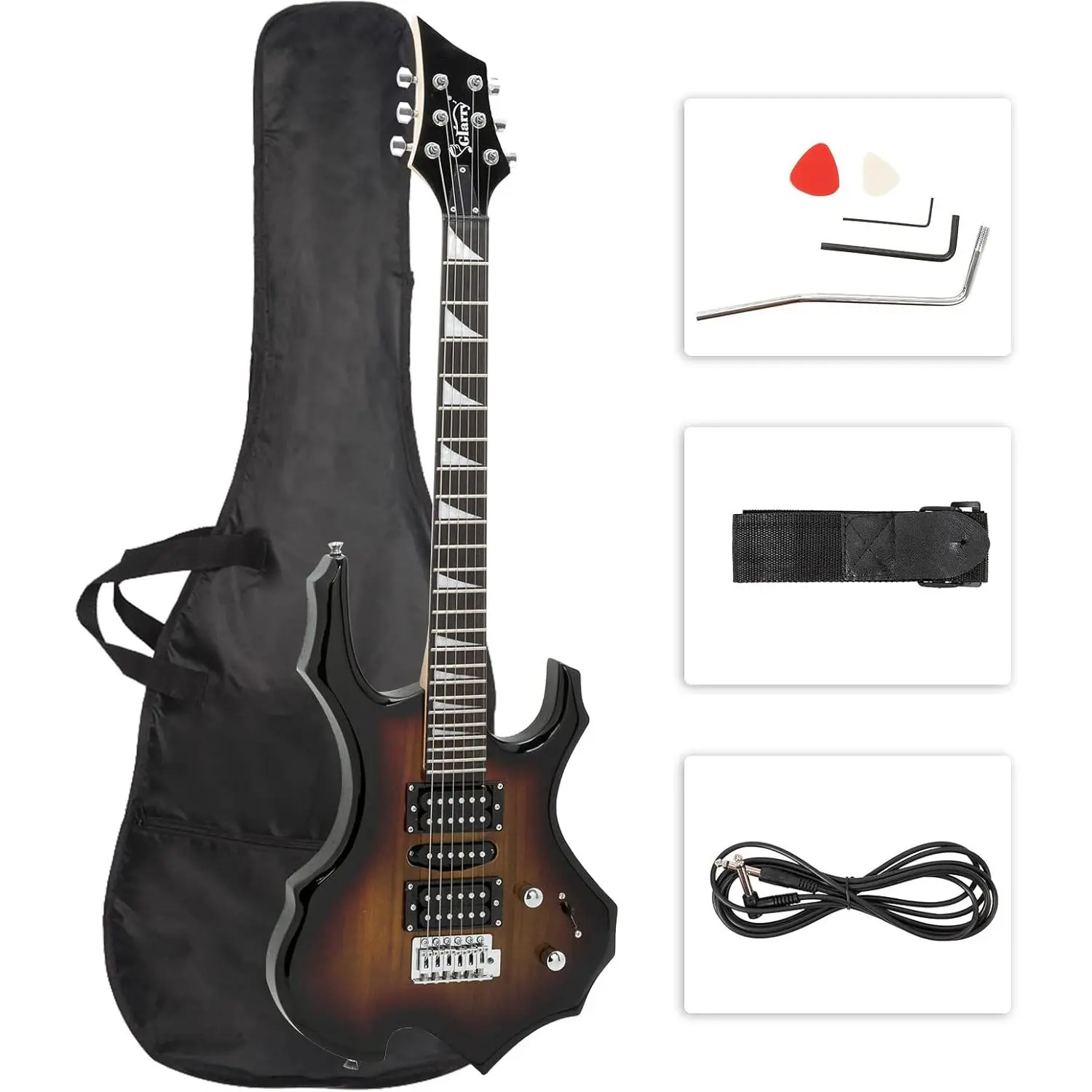 Glarry Fire-Style Basswood Electric Guitar Kit with Humbucker Guitars & Gear Accessories Pack - Sunset Color, Tremolo Arm, Guitar Picks, Shoulder Strap, Portable Bag, Amplifier Cord, Tone Knob, Beginner Enthusiasts' Christmas Gift Ideas for Music Lovers,