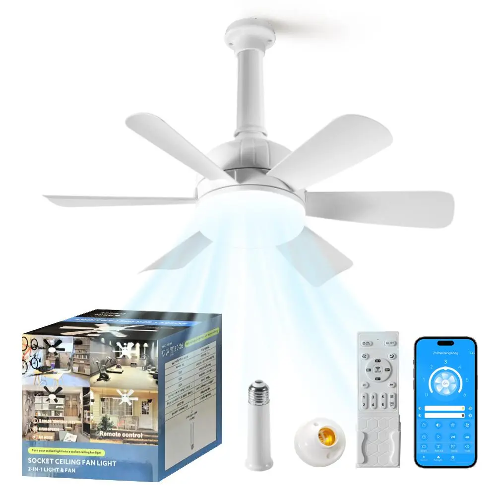 E27 Socket Ceiling Fan with Light & Remote Control, 6 Adjustable Fan Speed, Adjustable Lighting & 3 Color Temperatures Adjustable Ceiling Fan Lights, Small Ceiling Fan for Bedroom Living Room Kitchen Garage, Home Lighting, Indoor Lighting