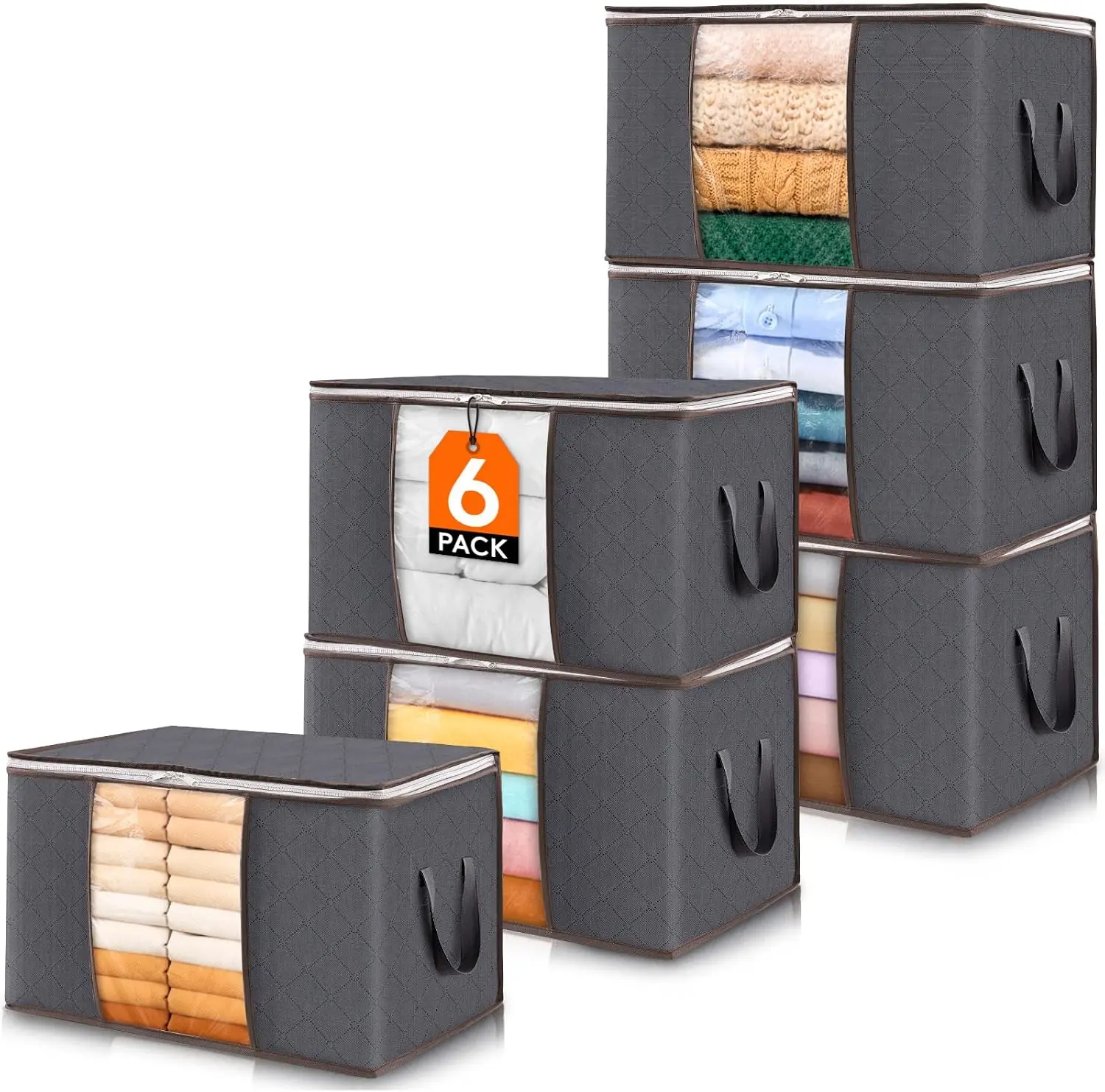 6 Pack Clothes Storage Bins with Lids, Foldable Blanket Storage Bags with Zippers, Clear Window and Reinforced Handles, Closet and Organization for Clothing, Sweater, Comforter, Bedding Organiser