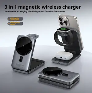 Portable Foldable Magnetic 3-in-1 Wireless Charger Fast Charging Multi-functional Phone Holder for Phones Watches & Headphones Lightweight Foldable Design wireless  iphone  charger portable  charger Foldable Multi-Device Wireless Charger Station