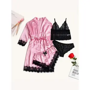 Women’s contrast lace lingerie pajama set featuring a comfortable bra, panties, belted robe, and elastic-waist shorts—ideal for daily home wear and as a soft women’s loungewear set.