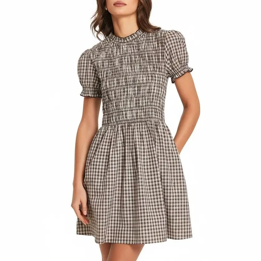 Women's Smocked Puff Sleeve Gingham Mini Dress, Cottagecore Shortsleeve Breathable Lightweight Dress for Casual Wear and Parties Womenswear Coffee