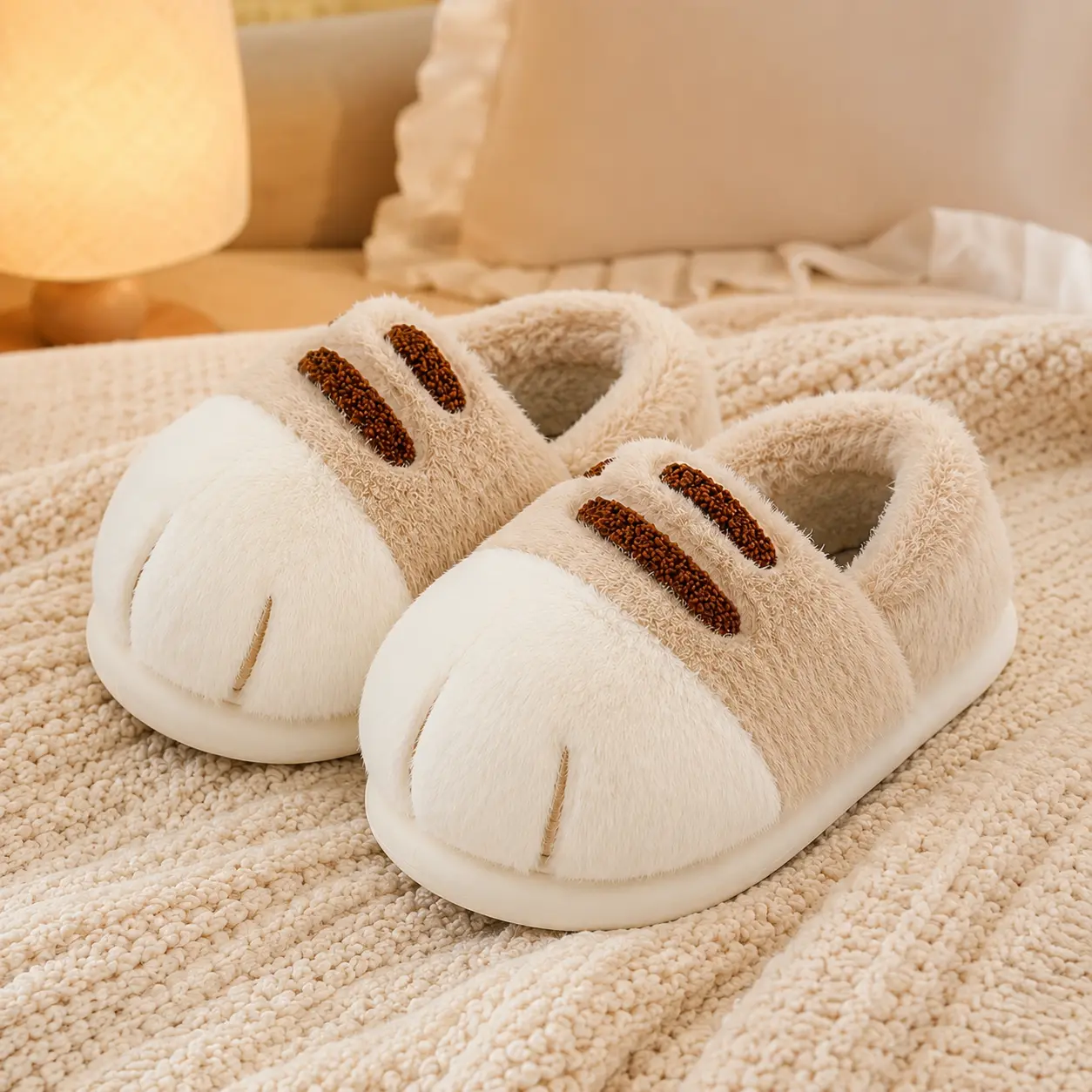 Cute Cat Paw Slippers for Women, Fuzzy Plush House Shoes, Warm Indoor Slides for Bedroom, Dorm and Winter Comfort
