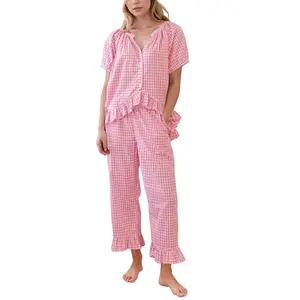 Womens Plaid 2 Piece Pajamas Sets, Cotton Gingham Button Down PJs, Puff Sleeve Babydoll Shirt Nightwear, Ruffle Pants Loungewear, Cute Womenswear Skin-friendly Fabric Homewear