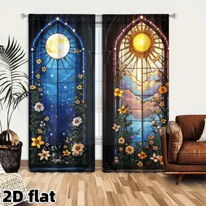 2D Flat 2Pcs Stained Glass Curtains Sun and Moon Floral Window Panel Cathedral Style Tapestry Celestial Blackout Curtain for Living Room Bedroom Balcony Home Decor Aesthetic Church Art Home Decoration Curtain