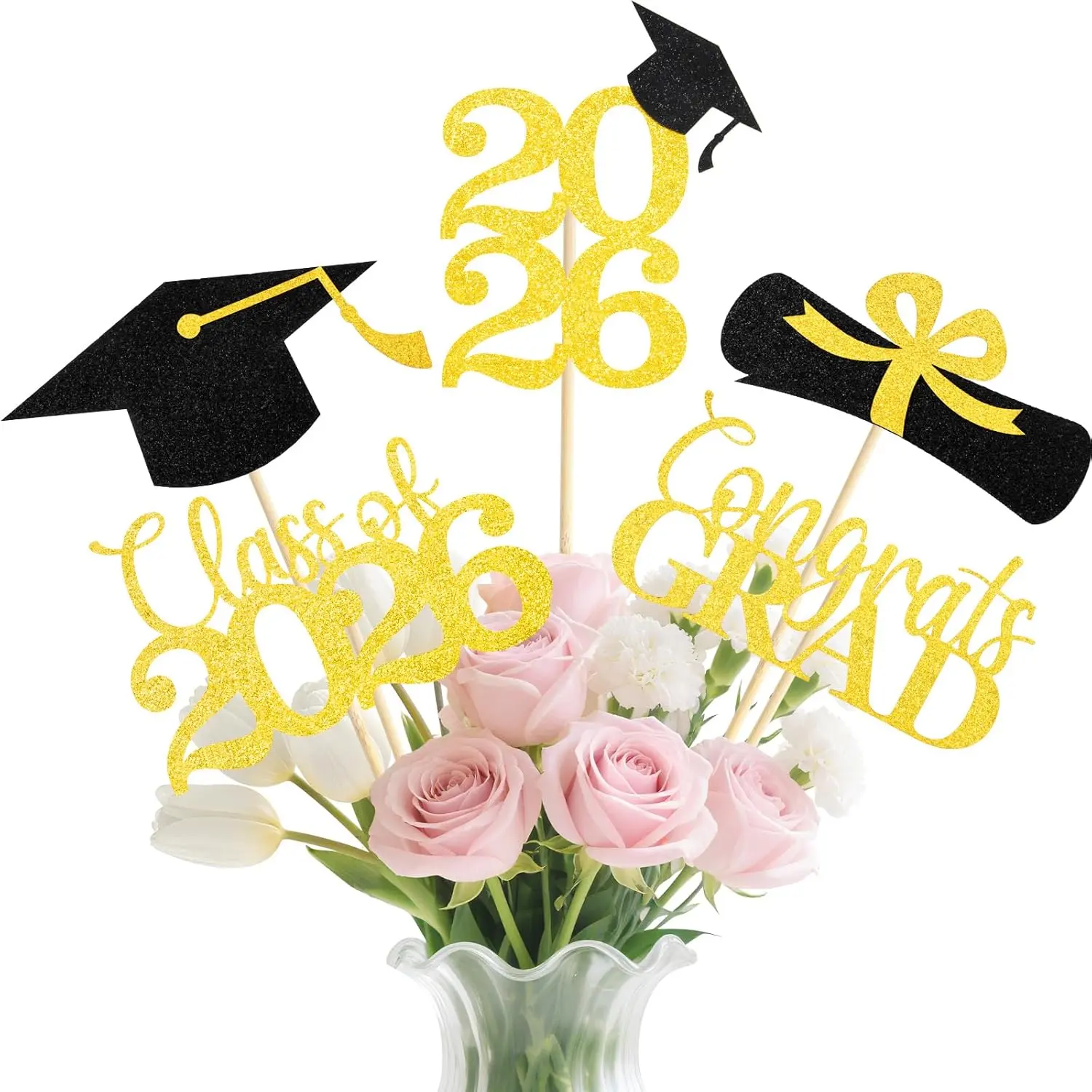 20 count Black  Graduation Decorations, Class of 2026 Graduation Centerpiece Sticks, Grad Picks  Bouquet, Grad Table Decoration Party Supplies