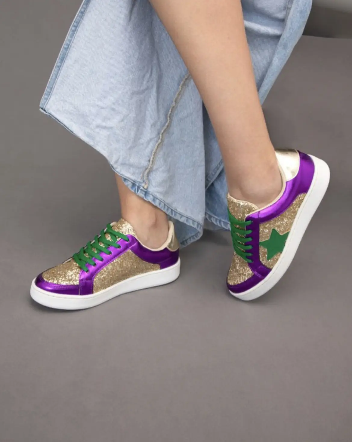 Mardi Gras Star Shoes - Glitter Purple & Green Sneakers with Green Laces for Festive Wear