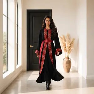 Women's Modesty Abaya - Black Islamic Bisht with Middle Embroidery Detail, Included 2-Piece Satin Belt, Modest Maxi Islamic Clothing