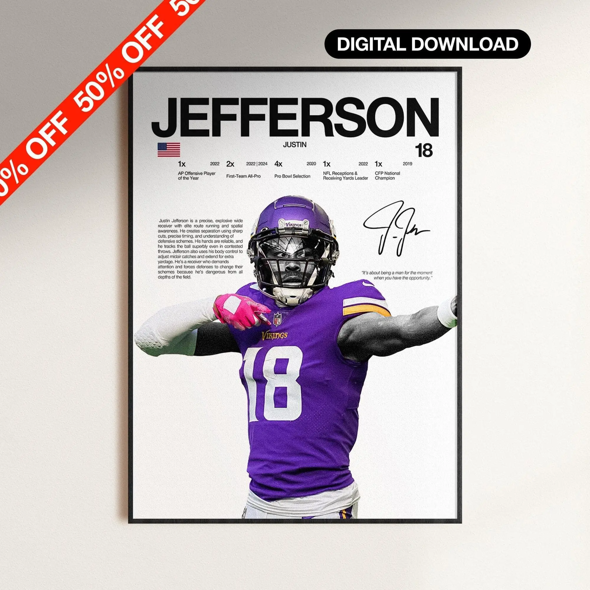 Justin Jefferson Poster, NFL Wall Print, Football Digital Download, NFL Poster Print, Sports Decor, Minnesota Poster, Football Gift