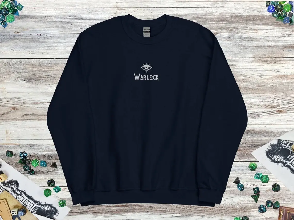 Embroidered DnD Warlock Class Crewneck Sweater, DnD Sweater, Dungeons and Dragons, DnD Gift, Men Women Unisex Sweater, Multiple Colors