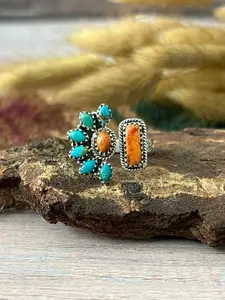 Handmade Sterling Silver Kingman Turquoise with Orange Mojave Adjustable Ring "Signed Nizhoni"