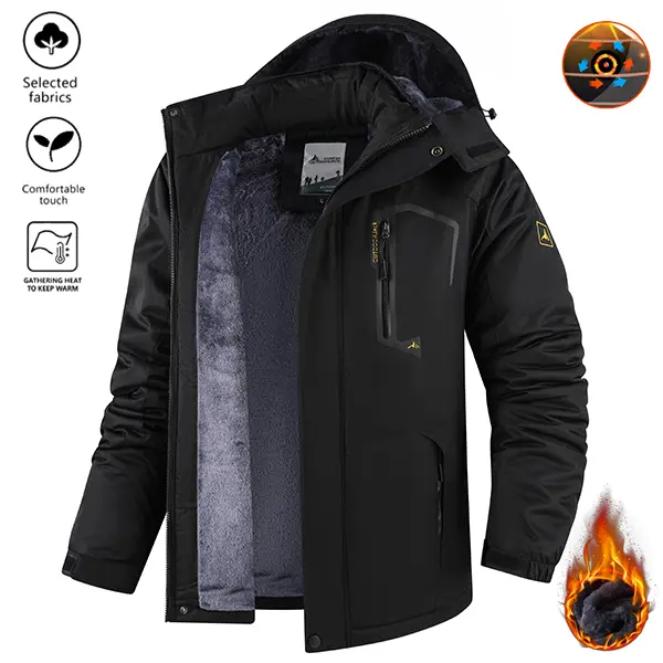 Men's Fleece-Lined Hooded Thermal Jacket with Embroidery, Waterproof Windproof Outerwear for Skiing, Sizes S-2XL, Ski Outfits Women