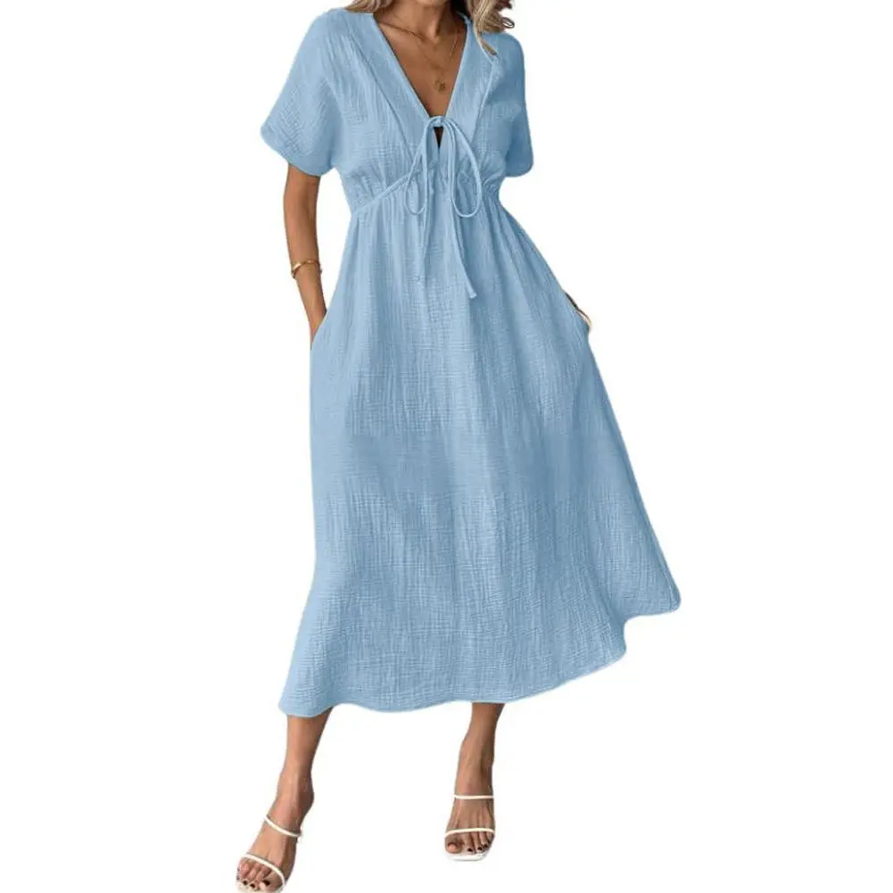 Chouyatou Women's Summer Solid Color V-Neck Cotton Dress Bohemian Style Casual Loose Short-Sleeve Drawstring Beach Dress with Pockets Chouyatou Women's Summer Solid Color V-Neck Cotton Dress Bohemian Style Casual Loose Short-Sleeve Drawstring Beach Dress with Pockets