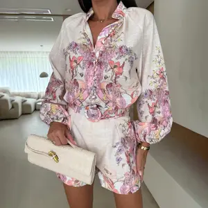 ChicMe Women's 2 Pieces Outfit Floral Placement Print Stand Collar Button Button Front Lantern Sleeve Top and Casual Elastic Back Waist Shorts Set with Belt