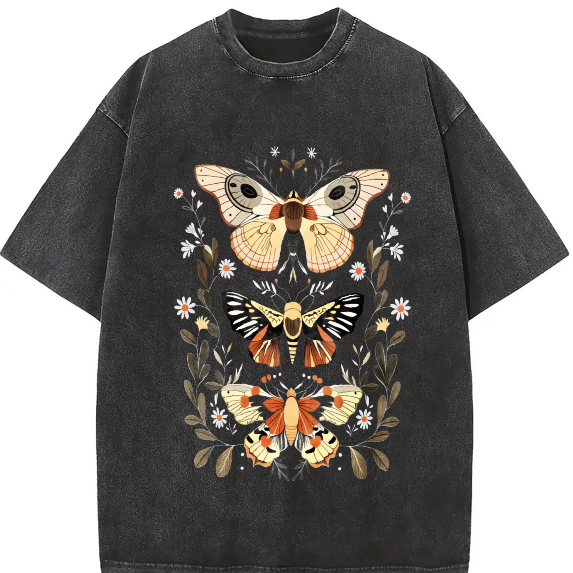 Men's Retro-Revival Short-Sleeve Round Neck Streetwear T-Shirt - 230Gsm Acid-Washed Top, Hand-Drawn Moth Graphic, Sand-Washed Vintage Feel, Relaxed Oversized Fit, Pre-Shrunk 100% Fabric, Ideal Dad Gift & Festival-Ready Tee
