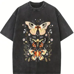 Retro-Revival Streetwear for Weekend Warriors Featuring Hand-Drawn Moth Graphic on Acid-Washed T Shirt 230Gsm with Sand-Washed Vintage Feel, Relaxed Fit Oversized Design, Ideal Gift for Dad & Music Festival Essential, Pre-Shrunk 100%