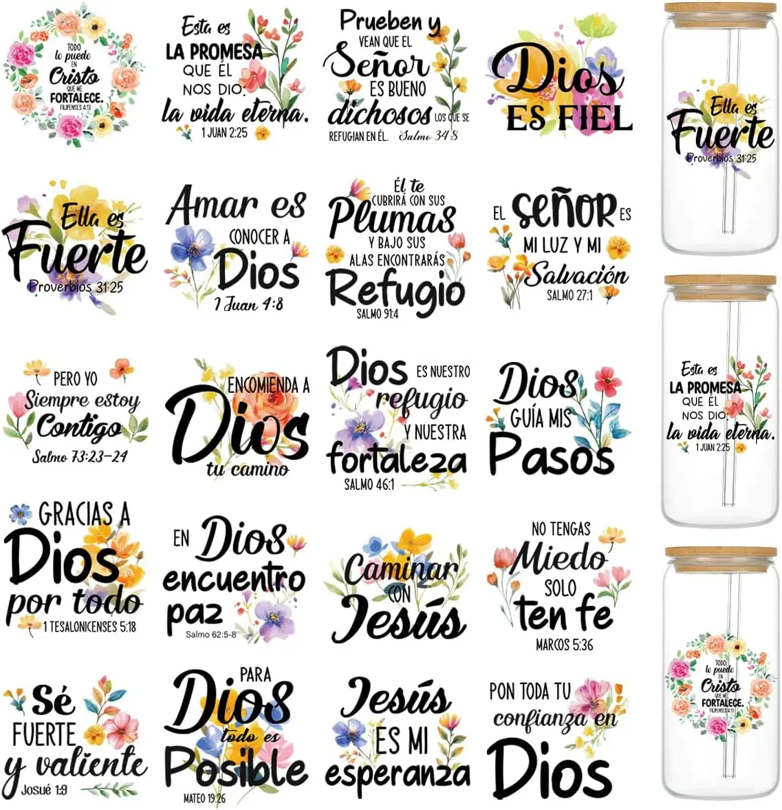 UV DTF Cup Wrap Transfer - 20 Sheets Spanish  UV DTF Cup Wraps for 16 oz Glass Cups Water Bottle,  Verse Transfers Stickers, Scripture Quotes Creative DIY Uvdtf  Crafts Gifts