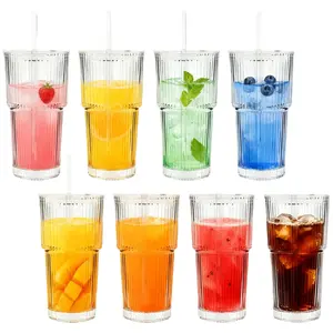 Ribbed Glass Cups with Lids and Straws| 6/8Pack 20oz Thickened Tumbler Set| Ideal for Coffee, Smoothies, Cocktails & Juices