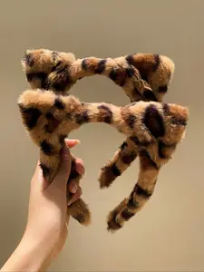 2pcs Fluffy Headwear Leopard Print Hair Accessories, Plush Hair Bands with Cat Ears, Perfect for Party Wear & Daily Use
