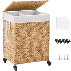 Laundry Hamper with Lid, Large Capacity Woven Natural Water Hyacinth Laundry Sorter with Removable Liners, Rolling or Non-Slip Design for Bedroom
