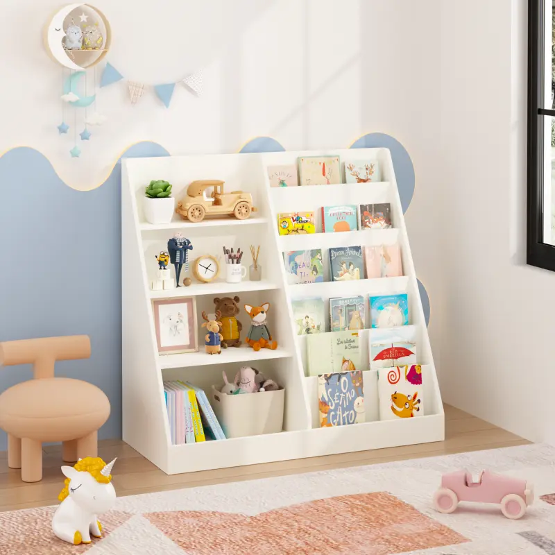 Wooden 4-Tier Kids Bookshelf & Book Rack - Toy Organizer with Display Stand, Storage Bins for Toddler Room, Nursery