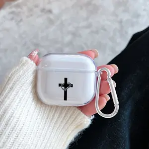 Cross Thorns Pattern Protective Case for AirPods 4/3/2/1/Pro/Pro2 Soft TPU Earphone Cover, Transparent with Keychain