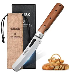 Huusk Folding Bread Knife for Homemade Bread with Wide Wavy Edge and 440C Stainless Steel - Outdoor Camping Cooking,BlackFriday Christmas Gift