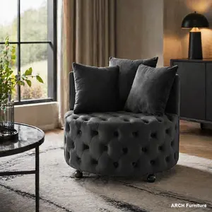 ARCH Velvet Upholstered Swivel Armchair - Velvet-Covered Tub Chair, 26x30x30 in Single-Seat Living Room Furniture, Button Tufted, Movable Wheels, 3 Included Pillows, Black, Velvet-Covered Tub Chairs