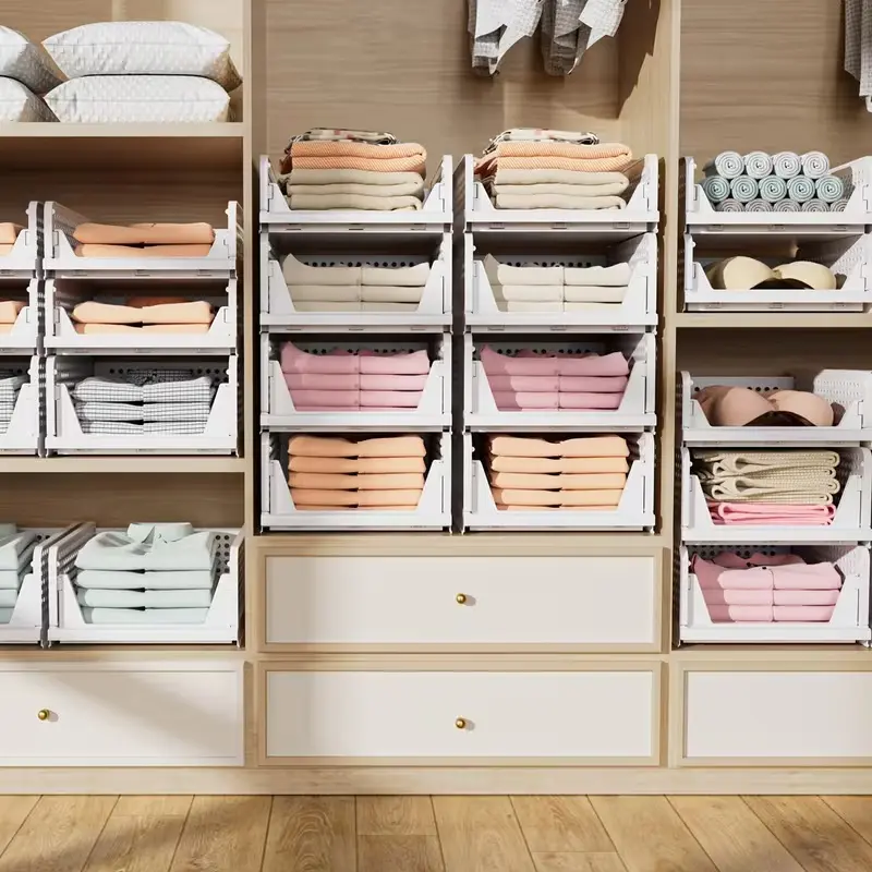 5-piece foldable large-capacity storage rack set, stackable space-saving plastic closet organizer boxes suitable for clothing, spice jars, food items, cosmetics, kitchen organization, and storage baskets