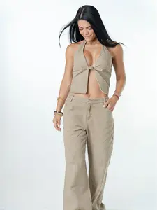 OLIVE JEAN SET SEXY VEST WITH BOYFRIEND JEAN Stylish Halter Top & Comfortable Wide Leg Pants for Women Olive Colored Casual Wear