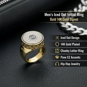 Iced Out Round Initial Signet Ring heavy 14K Gold Plated chunky letter ring with pave CZ mens hip hop jewelry stackable gold-plated zirconia gift charm Rhinestone Hip-Hop Chain boyfriend birthday girl a pearl earring rainbow adjustable link pocket fan