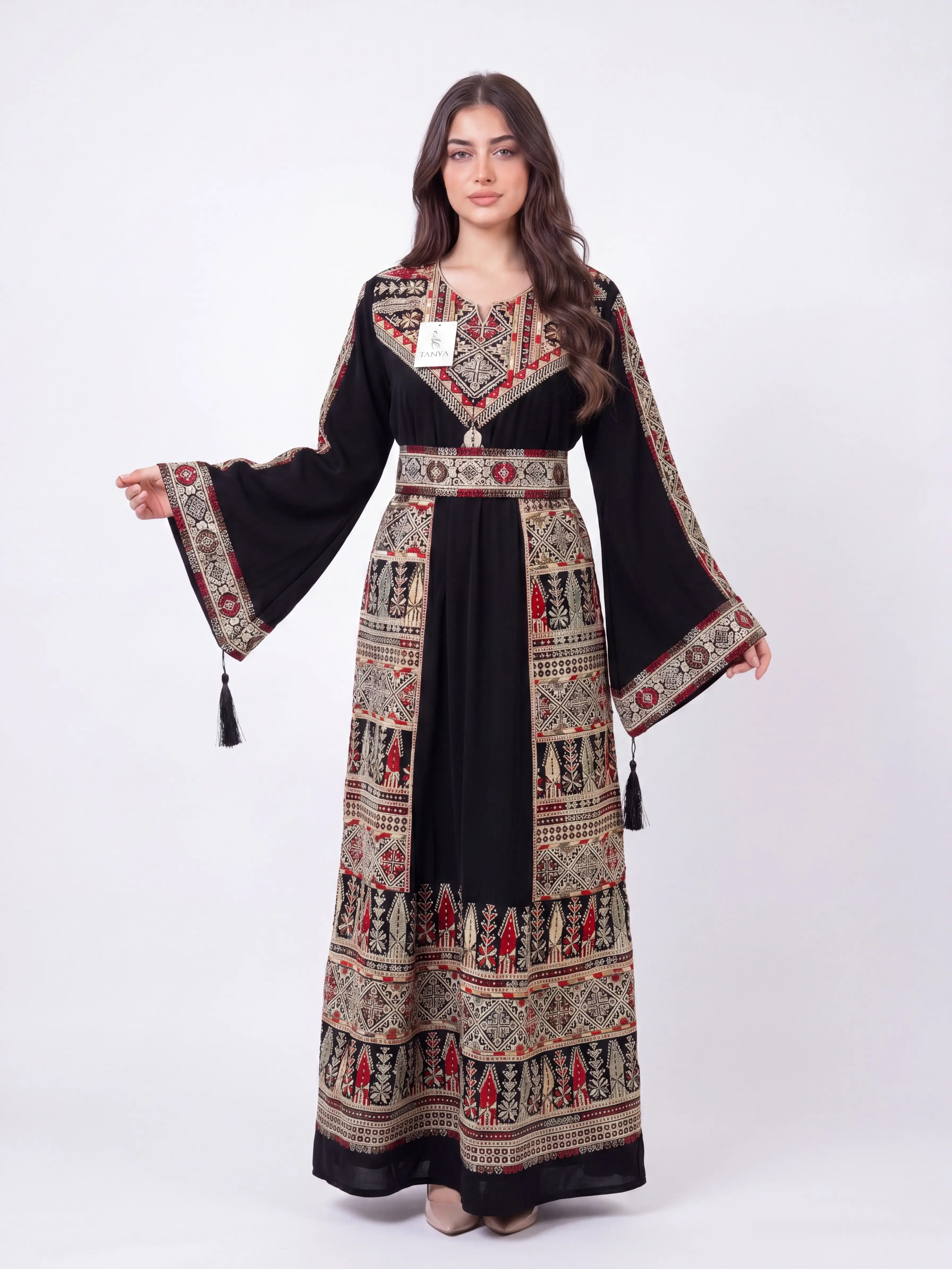 Women's Patterned Aseel Thobe - Elegant Lady's Traditional Dress, Garment with Belt for Eid, Ramadan, Elegance