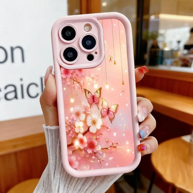 Pink lily and butterfly pattern phone case. Compatible with iPhone 17 Pro Max/16 Pro Max/15 Plus/14/13/12/11, TPU soft case. Compatible with Galaxy S26 Ultra/S25 Plus/S24/S23, Dopamine color. Compatible with Galaxy A54/A53/A33/A15.
