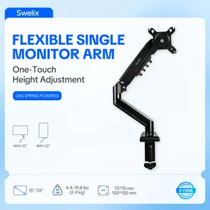 SINGLE MONITOR ARM — Flexible Adjustable Mount for 15-32" Screens, Quick VESA Install, Cable Management, 19.8lbs, 100x100mm VESA,C-Clamp or Grommet Install, Gaming & Office