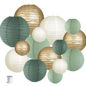 Colorful Paper Lanterns – 15pcs Decorative Round Hanging Lanterns for Rustic Wedding, Bridal Shower, Birthday Party, and Outdoors Events – Gold, Ivory, Sage Green Rice Paper Lanterns with Metal Supports