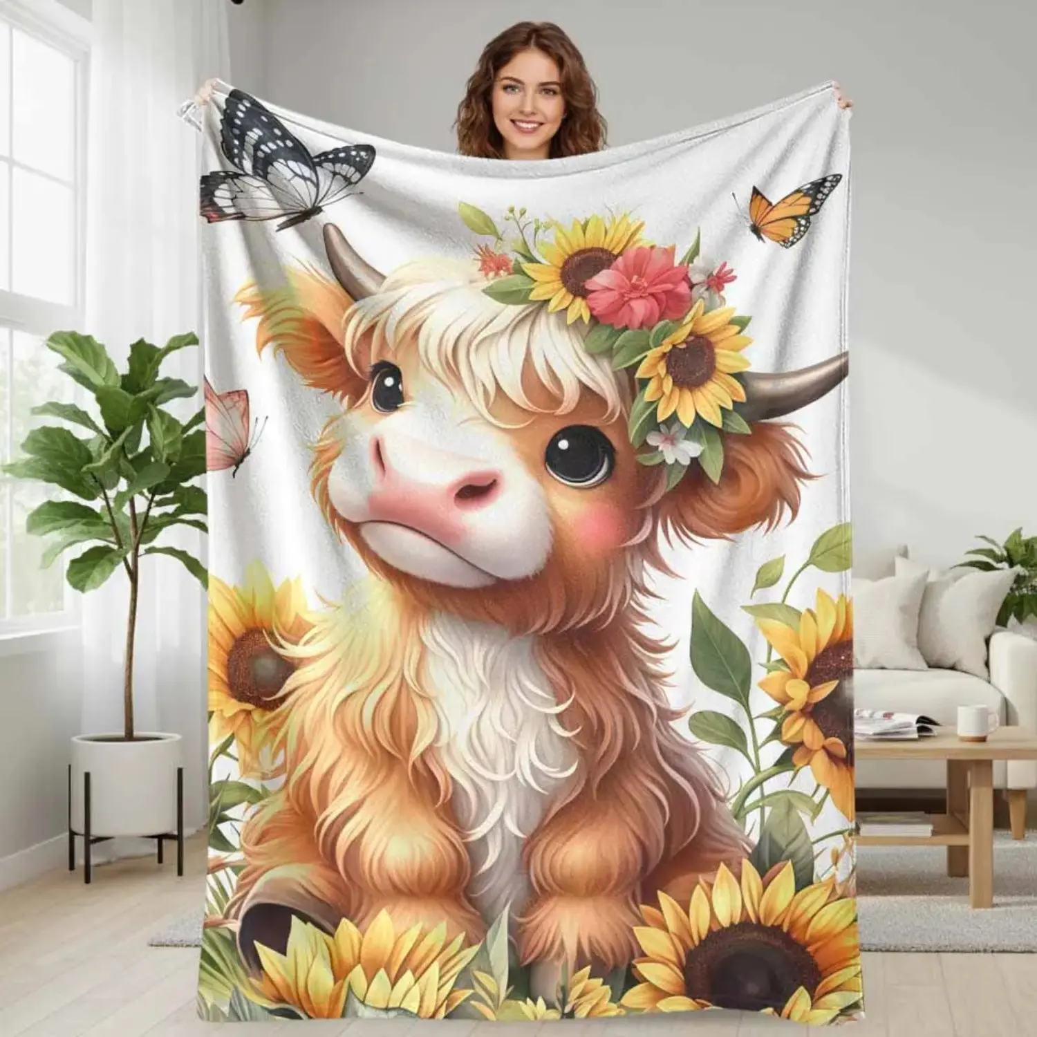 Highland Cow Flannel Blanket, Cute Calf and Sunflower Print, Ultra Soft Warm Cozy Throw for Sofa, Bedroom, Living Room, Office, Farmhouse Décor, Perfect Gift for Relaxing Time, Cow-Themed Blankets, Graphic Print Blankets