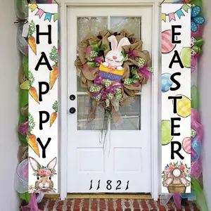Easter Bunny Rabbit Porch Banner, Egg & Carrot Design, Front Door Decor, Spring Seasonal Home & Outdoor Décor, No Power Needed
