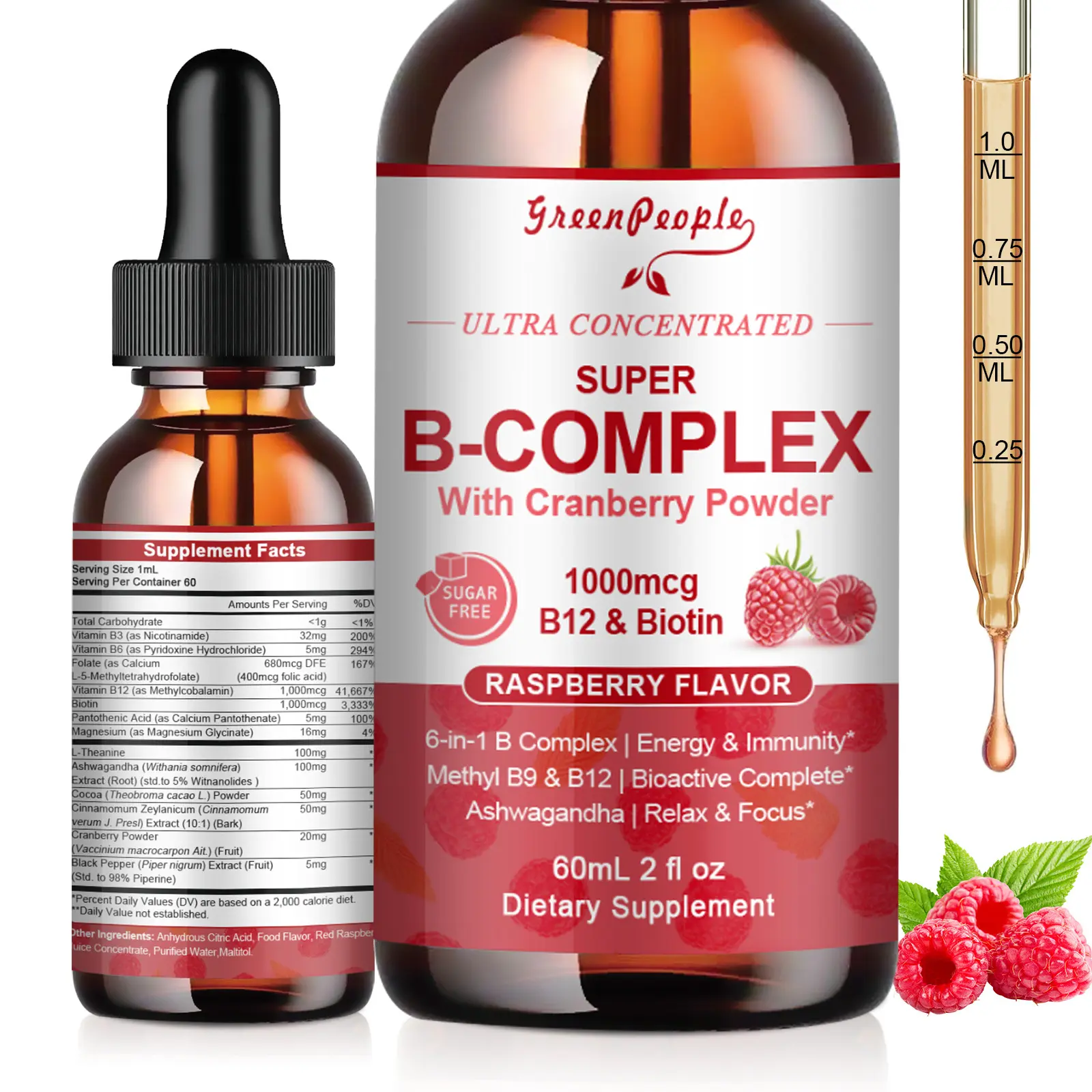 GREENPEOPLE Methylated B Complex – Methyl B12, Folate, Ashwagandha & L-Theanine for Energy, Focus & Stress – Vegan Liquid, 2oz