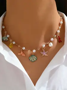 Ocean Wind Shell Starfish Fish Tail Pendant Necklace, Dainty Boho Necklace, Luxurious High-End Versatile Faux Pearl Choker, Elegant Jewelry for Women, Versatile Accessory, Casual Trendy Jewelry