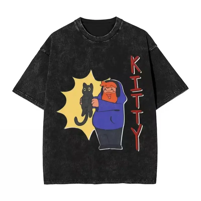 Caseoh KITTY Men's T-Shirt | Washed New Short-sleeved Crew Neck T-shirt, Multi-size Optional, Suitable for All Seasons, Trendy Korean Version of Casual Style