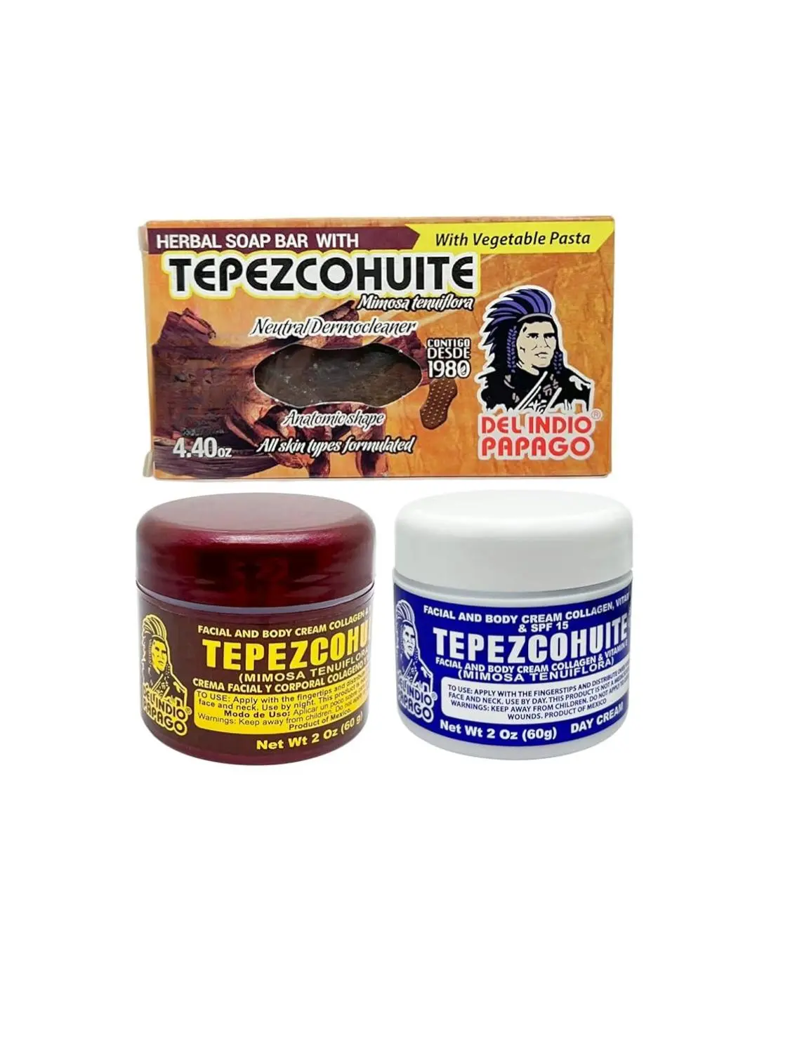 Del Indio Papago Anti-Aging Traditional Skin Care Kit for Unisex Adults - 2 oz Night Cream, 2 oz Day Cream, Tepezcohuite Natural Bar Soap, Moisturizing Skin Care Products, Moisturizing Kit