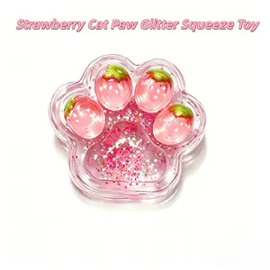 Strawberry Cat Paw Glitter Squeeze Toy, TPR Soft Gel Sensory Stress Relief Toy, Anxiety Relief, Adult Kids Gift, High Aesthetic Value
