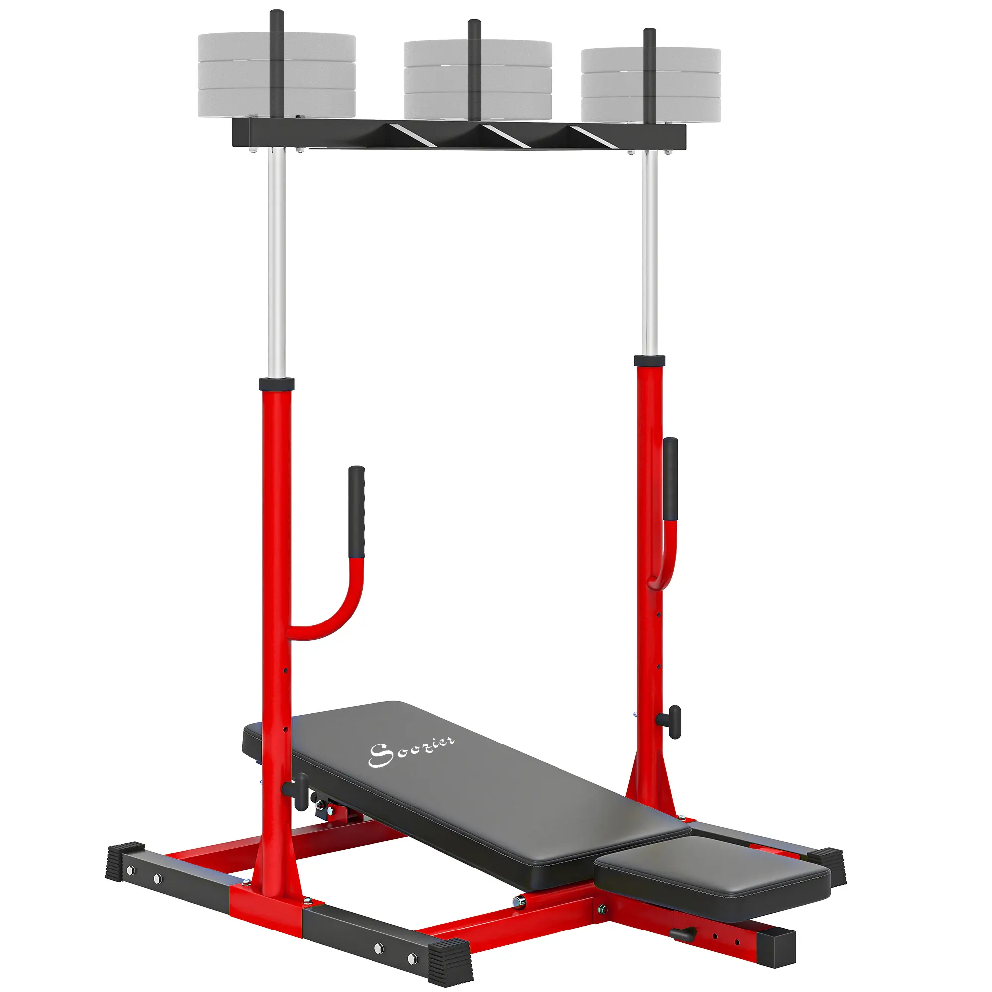 Soozier Vertical Leg Press Machine, 660LBS Capacity Strength Training Accessory, 1" Standard Plate Compatible Adjustable Workout Equipment, Home Fitness Equipment with Adjustable Leg, Back & Head Positions, Red, 3 Weight Posts