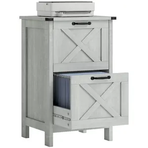 HOMCOM 2 Drawer Vertical File Cabinet with Silent Slides, Rustic Farmhouse Filing Cabinet with Barn Doors for A4/Letter Size, Printer Stand with Storage for Home Office, Distressed Light Gray